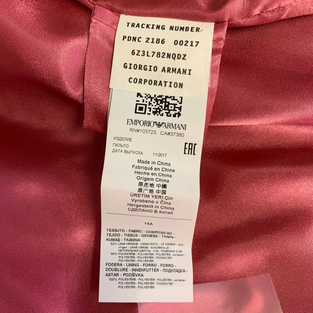EMPORIO ARMANI Size XS Pink Wool  Polyester Textured Notch Lapel Coat - Picture 6 of 6